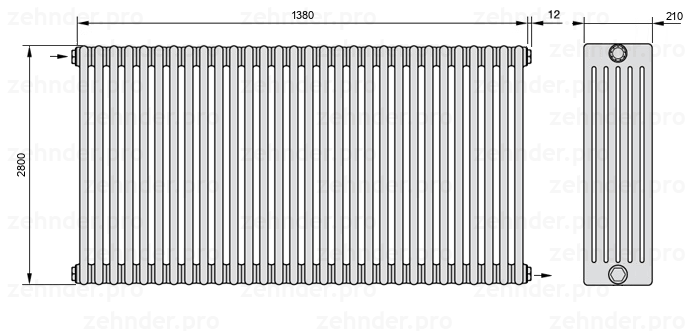 Схема (чертеж) Радиатор Zehnder Charleston 6280/30 №1670 Белый глянцевый RAL 9016